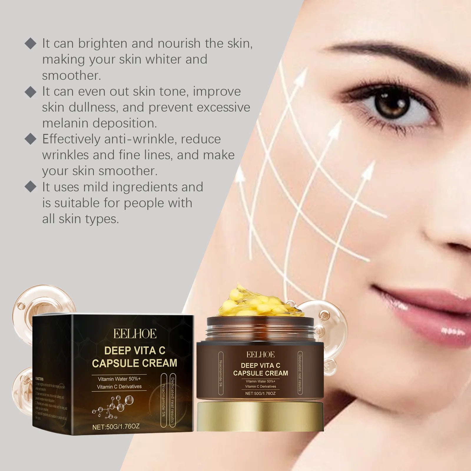 Capsule Cream Vitamin C for Face Pigmentation Removal Hydrated Skin Moisturizing Brightening Even Skin Tone Firming Face Cream